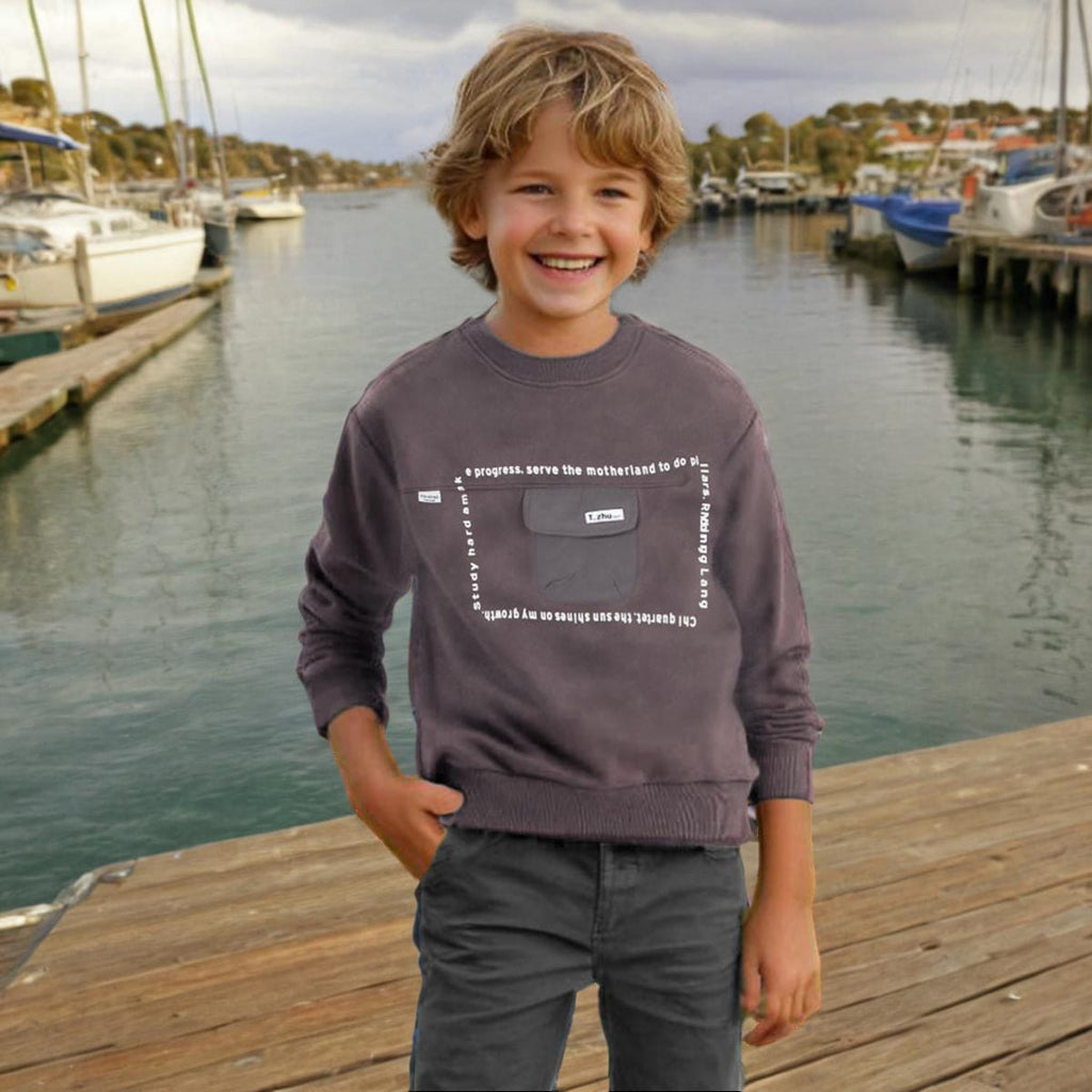 Boys Dark Grey HD Print Long Sleeve Fleece Sweatshirt With Flap Pocket Sweatshirts & Hoodies Dark Grey 9-10 Y 