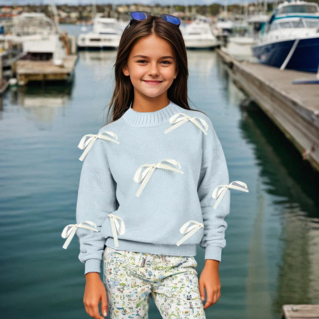 Girls Blue Long Sleeve Soft Feel Sweater With Bow Sweaters & Cardigans Blue 9-10 Y 