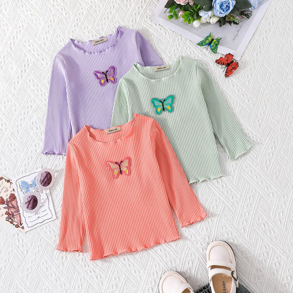 Girls Multicolor Butterfly Patchwork Full Sleeves Top (Pack Of 3) Tops Multicolor 6-9 M 