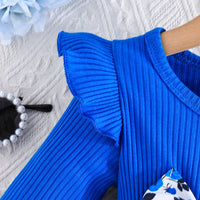 Girls Blue Floral Print Fit & Flare Bow Dress Casual Dresses   