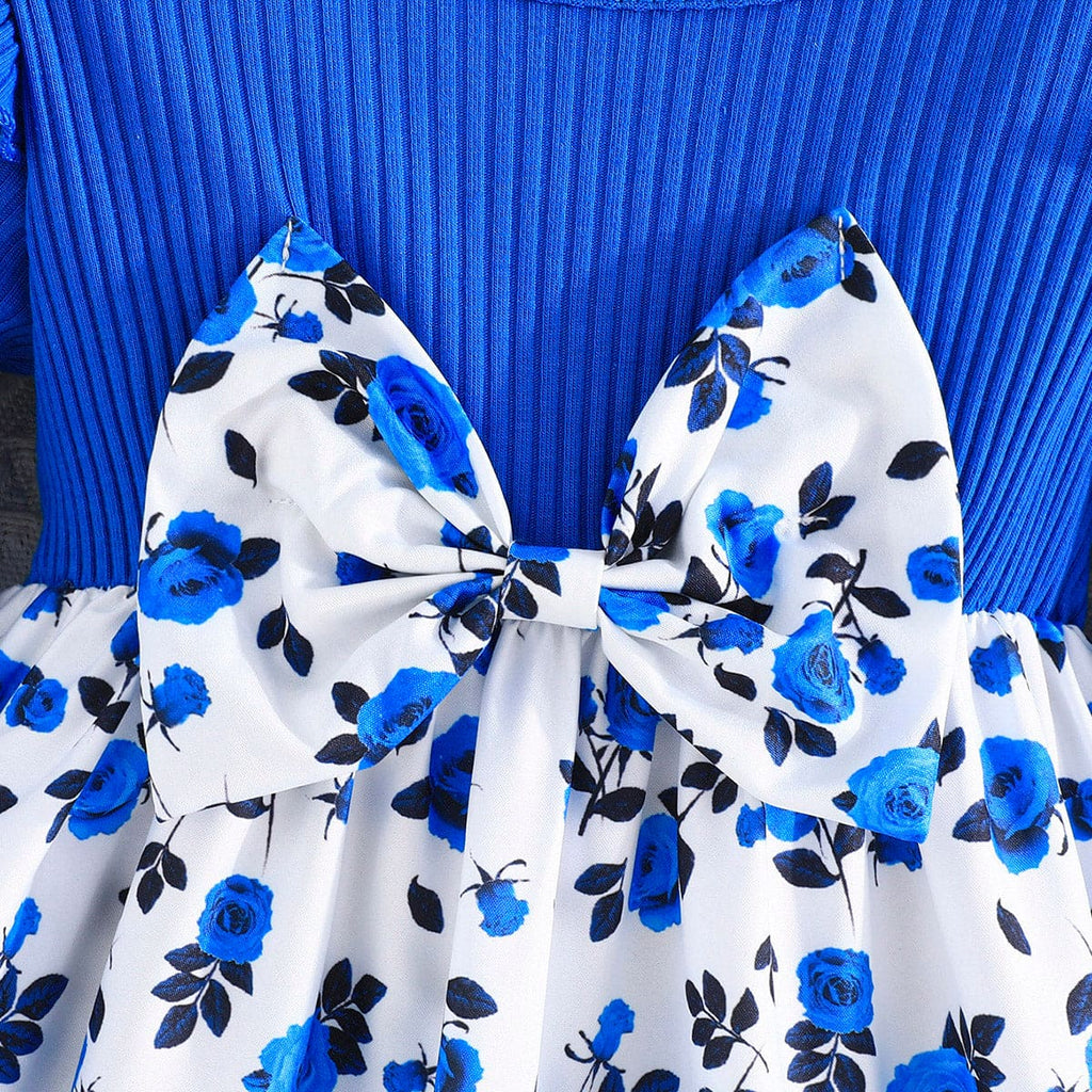 Girls Blue Floral Print Fit & Flare Bow Dress Casual Dresses   