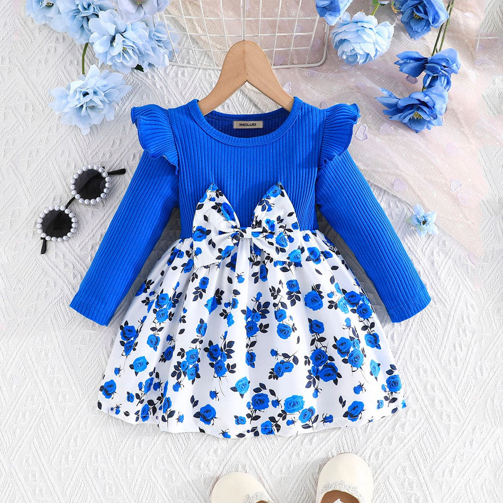 Girls Blue Floral Print Fit & Flare Bow Dress Casual Dresses Blue 6-9 M 