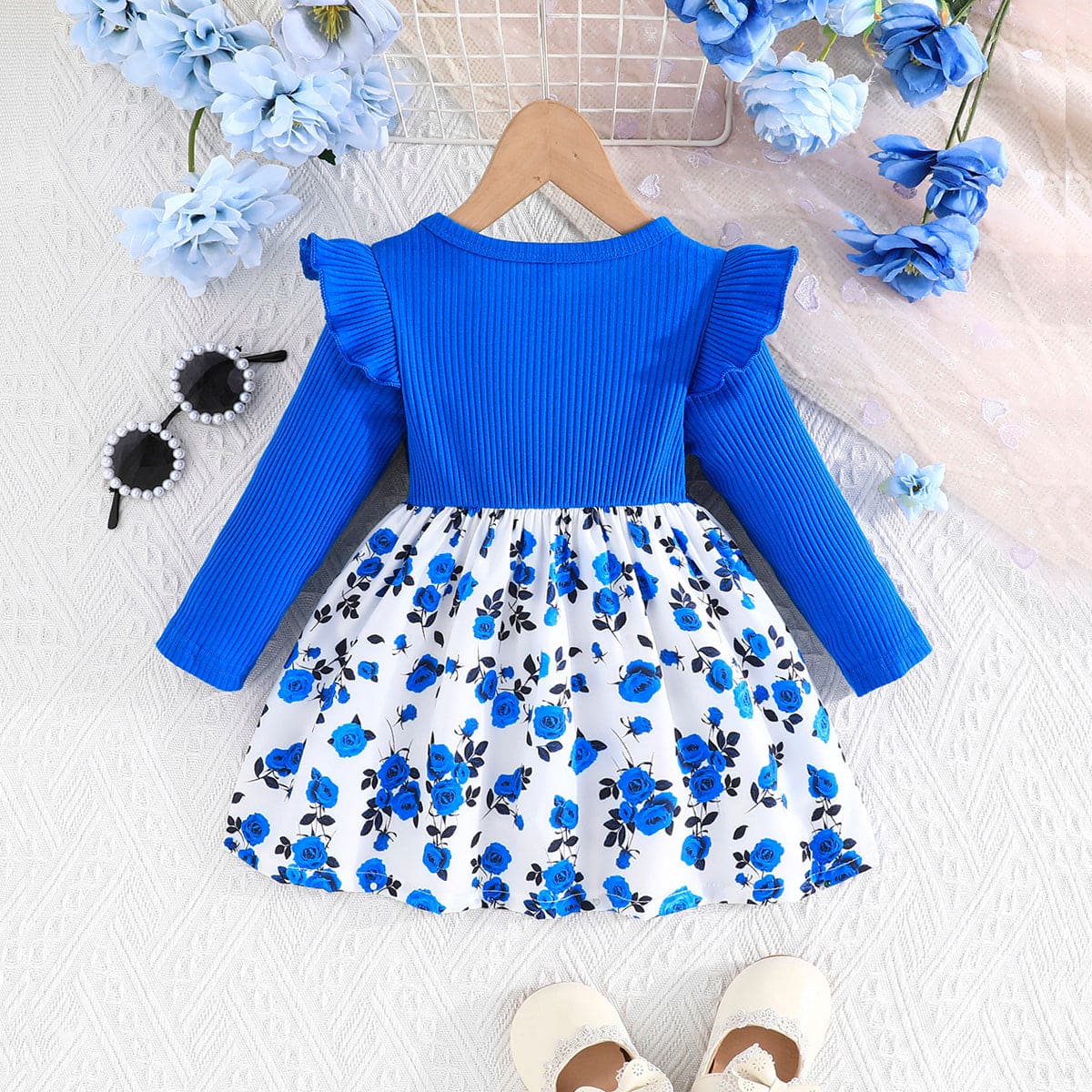 Girls Blue Floral Print Fit & Flare Bow Dress Casual Dresses   