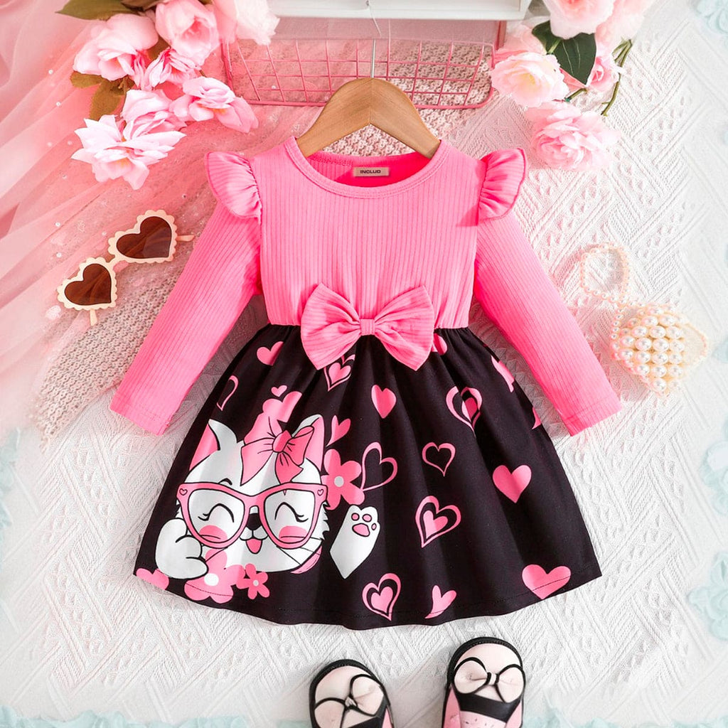 Girls Pink Heart Print Full Sleeves Fit & Flare Casual Dress Casual Dresses Pink 6-9 M 