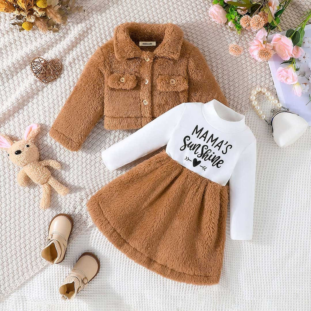 Girls Brown Printed Fit & Flare Fleece Winter Dress with Jacket Casual Dresses Brown 3-4 Y 