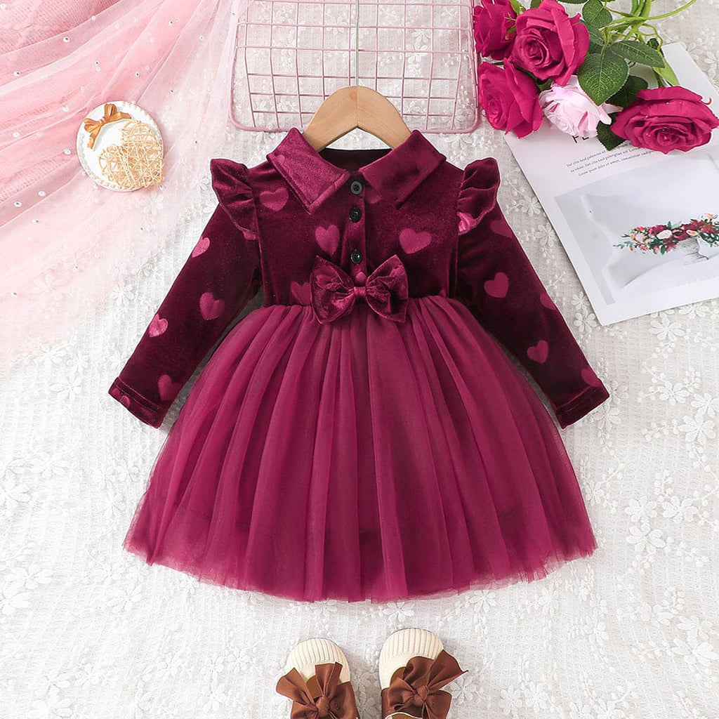 Girls Maroon Heart Print Velvet Tulle Dress Party Dresses Maroon 3-6 M 