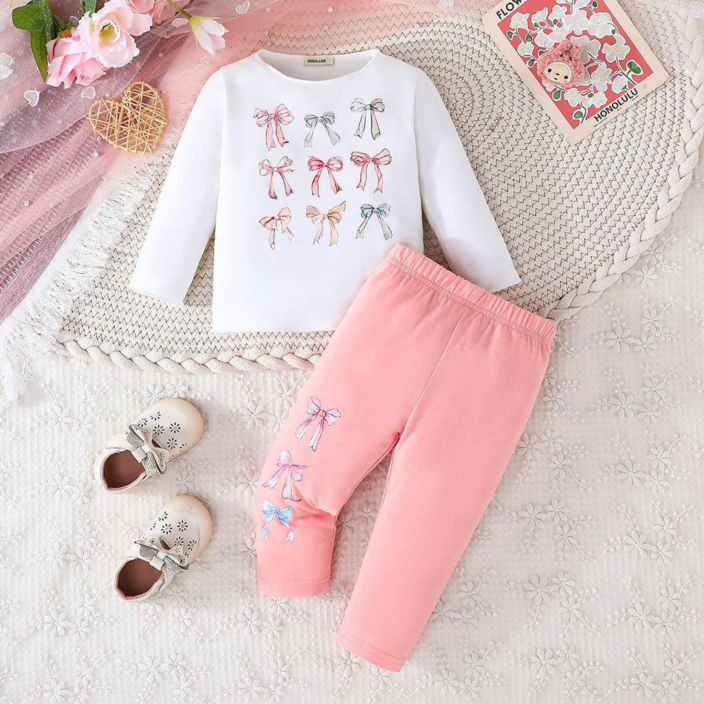 Girls White Printed Full Sleeves Top with Pajama Set Sets Pink 6-9 M 