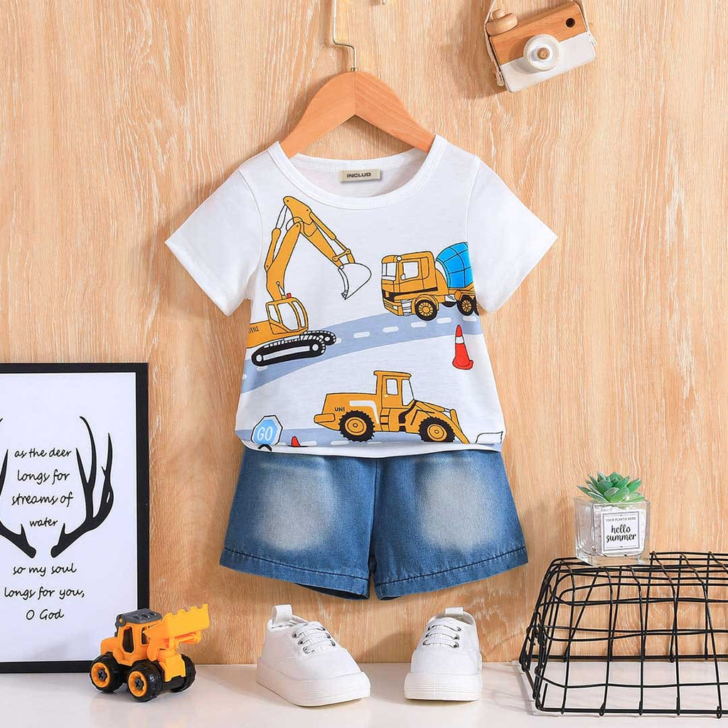 Boys White Crane Print Short Sleeves T-shirt with Shorts Set Sets White 12-18 M 