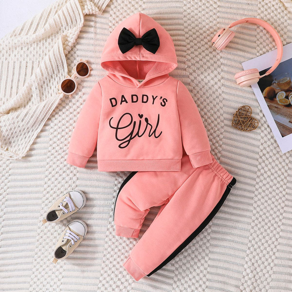 Girls Pink Printed Hooded Sweatshirt with Trouser Set Sets Pink 6-9 M 