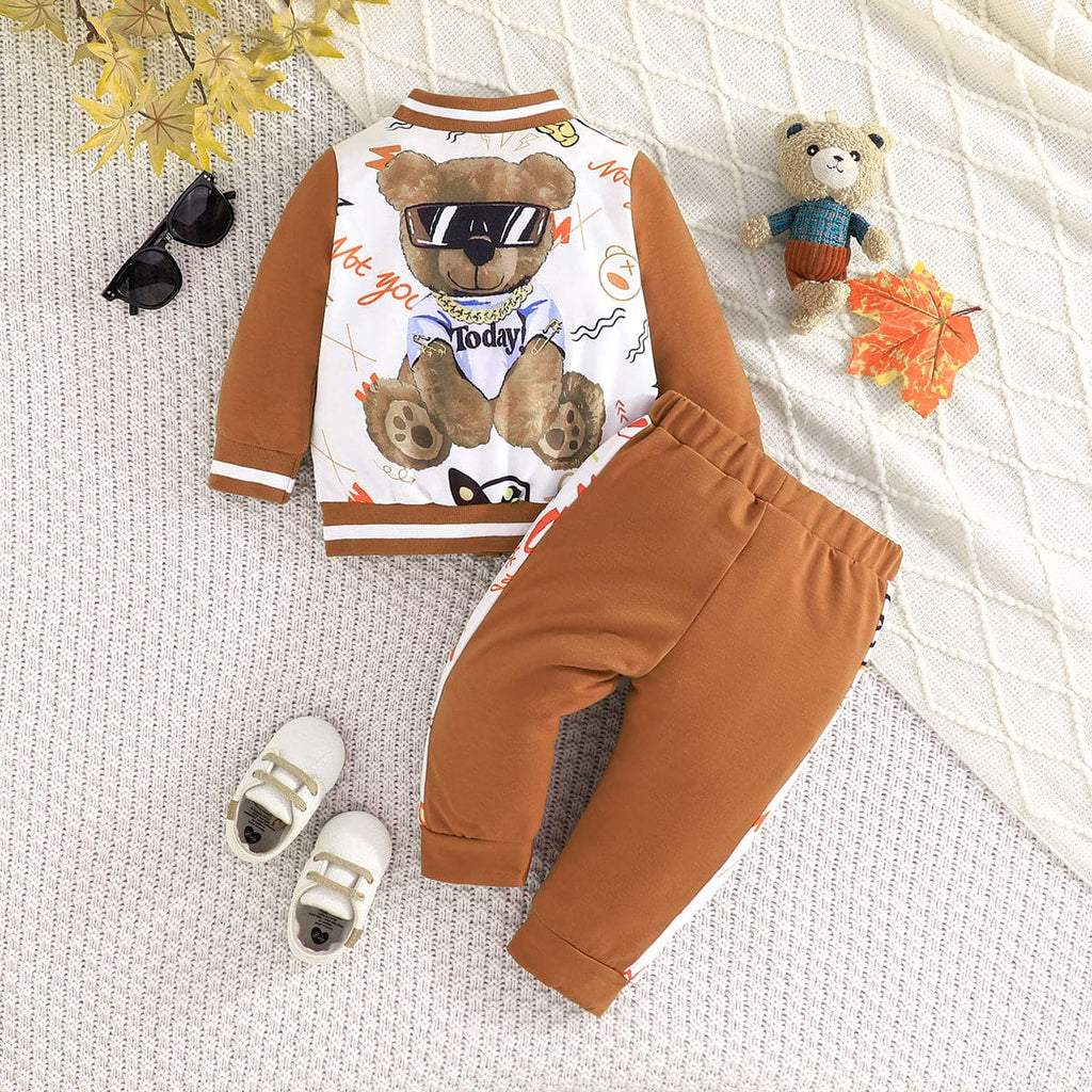 Boys Brown Printed Varsity Jacket with Sweatpants Set Sets Brown 6-9 M 