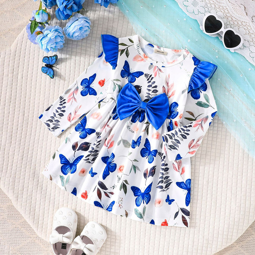 Girls Blue Butterfly Print Full Sleeves Casual Dress Casual Dresses Blue 6-9 M 