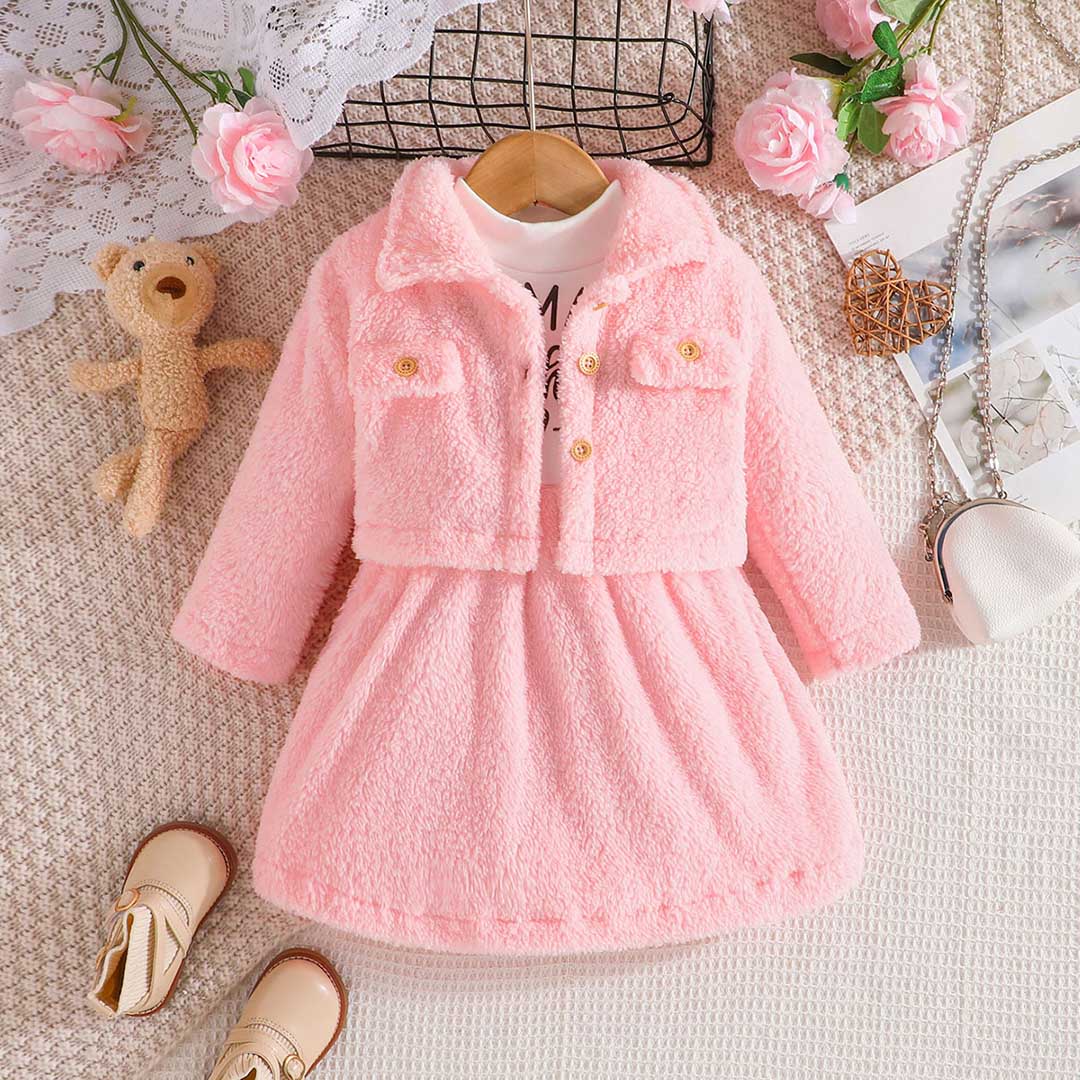 Girls Pink Printed Fit & Flare Fleece Winter Dress with Jacket Casual Dresses   