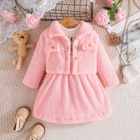 Girls Pink Printed Fit & Flare Fleece Winter Dress with Jacket Casual Dresses   
