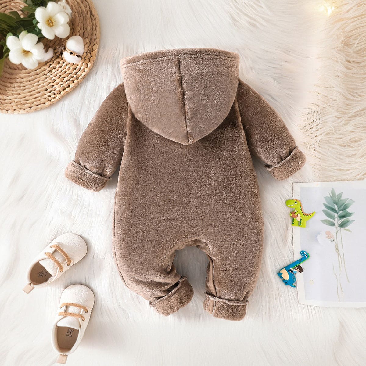 Boys Brown Dinosaur Patchwork Full Sleeves Jumpsuit Jumpsuits   