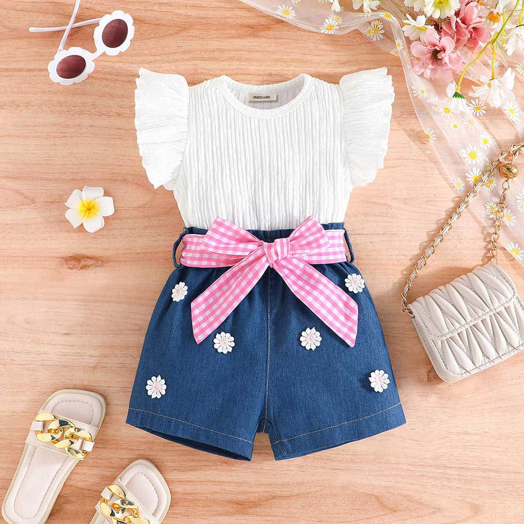 Girls Flying Sleeve Top With Blue Crochet Flower Shorts Set Sets Blue 3-4 Y 