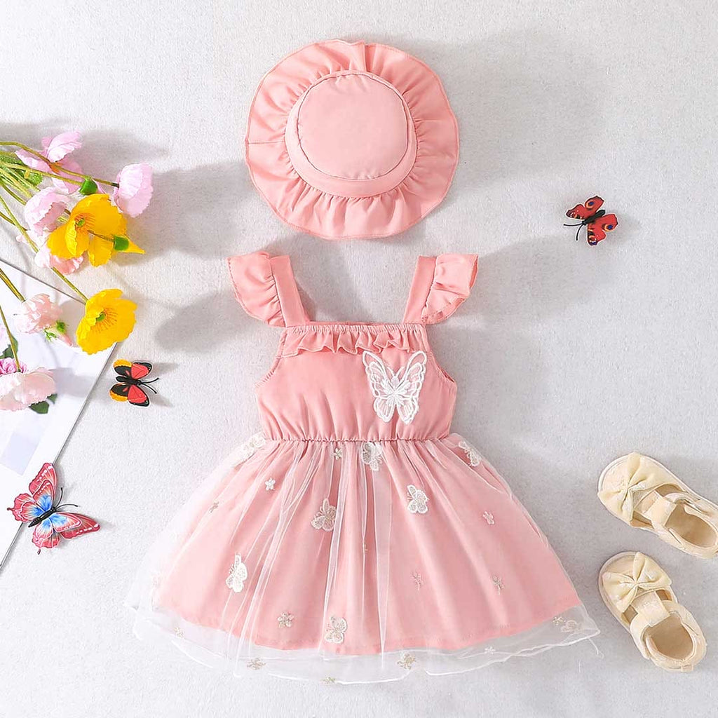 Girls Pink Butterfly Embroidered Fit & Flare Dress Casual Dresses Pink 3-6 M 