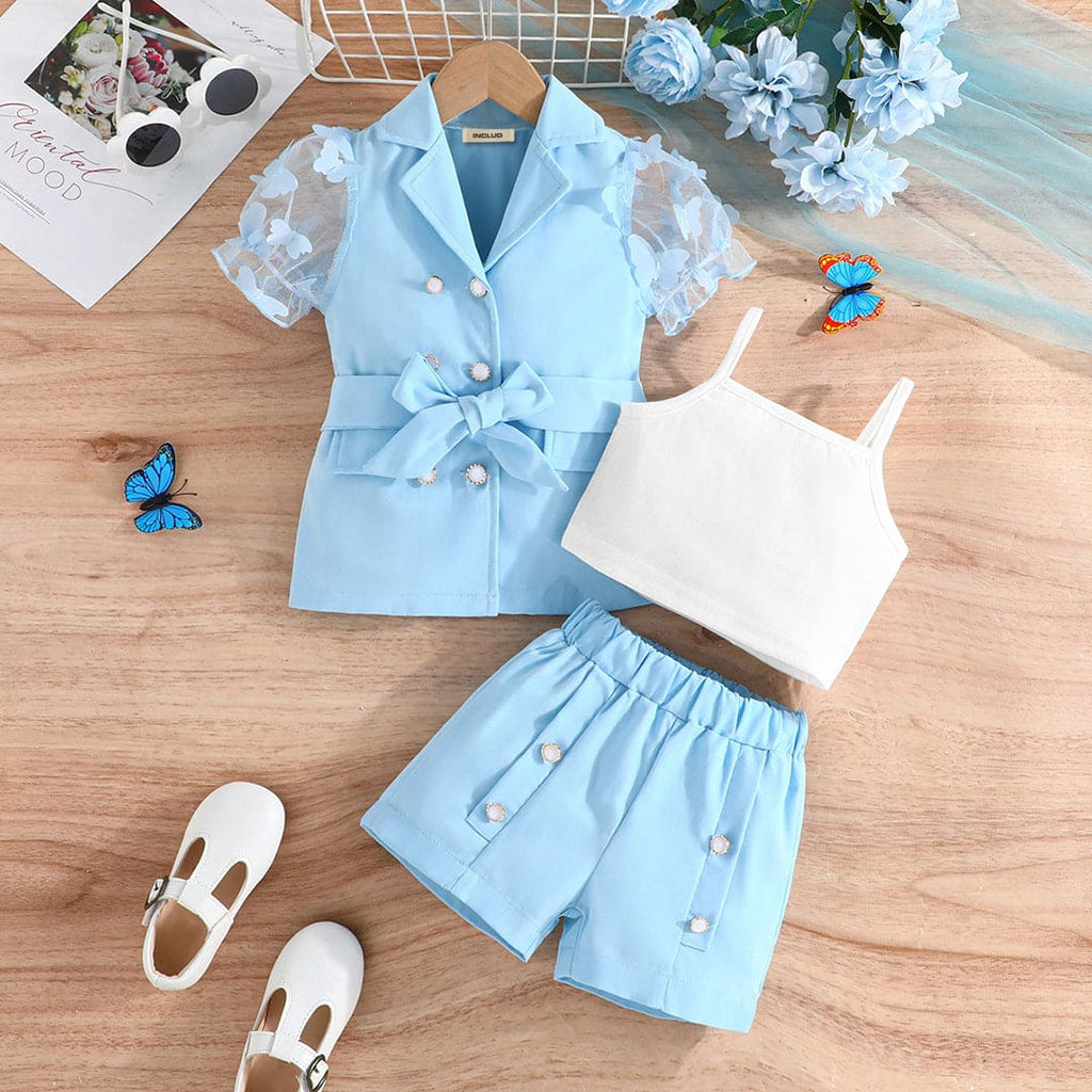 Girls Blue Short Sleeve Jackets With Camisole Top And Shorts Set Sets Blue 3-4 Y 