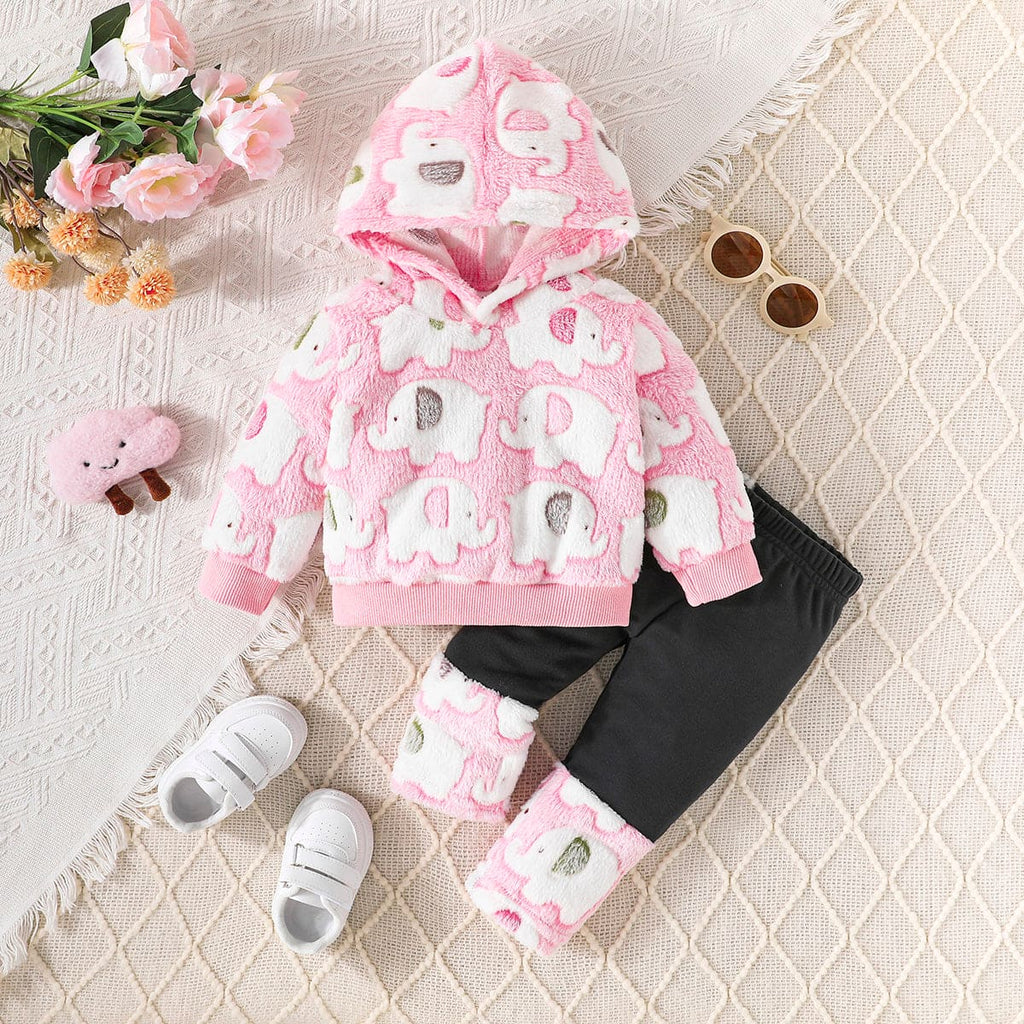 Girls Pink Elephant Print Hooded Sweatshirt With Pants Set Sets Pink 6-9 M 