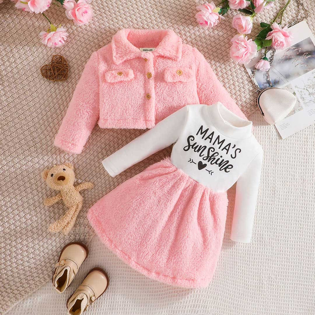 Girls Pink Printed Fit & Flare Fleece Winter Dress with Jacket – INCLUD