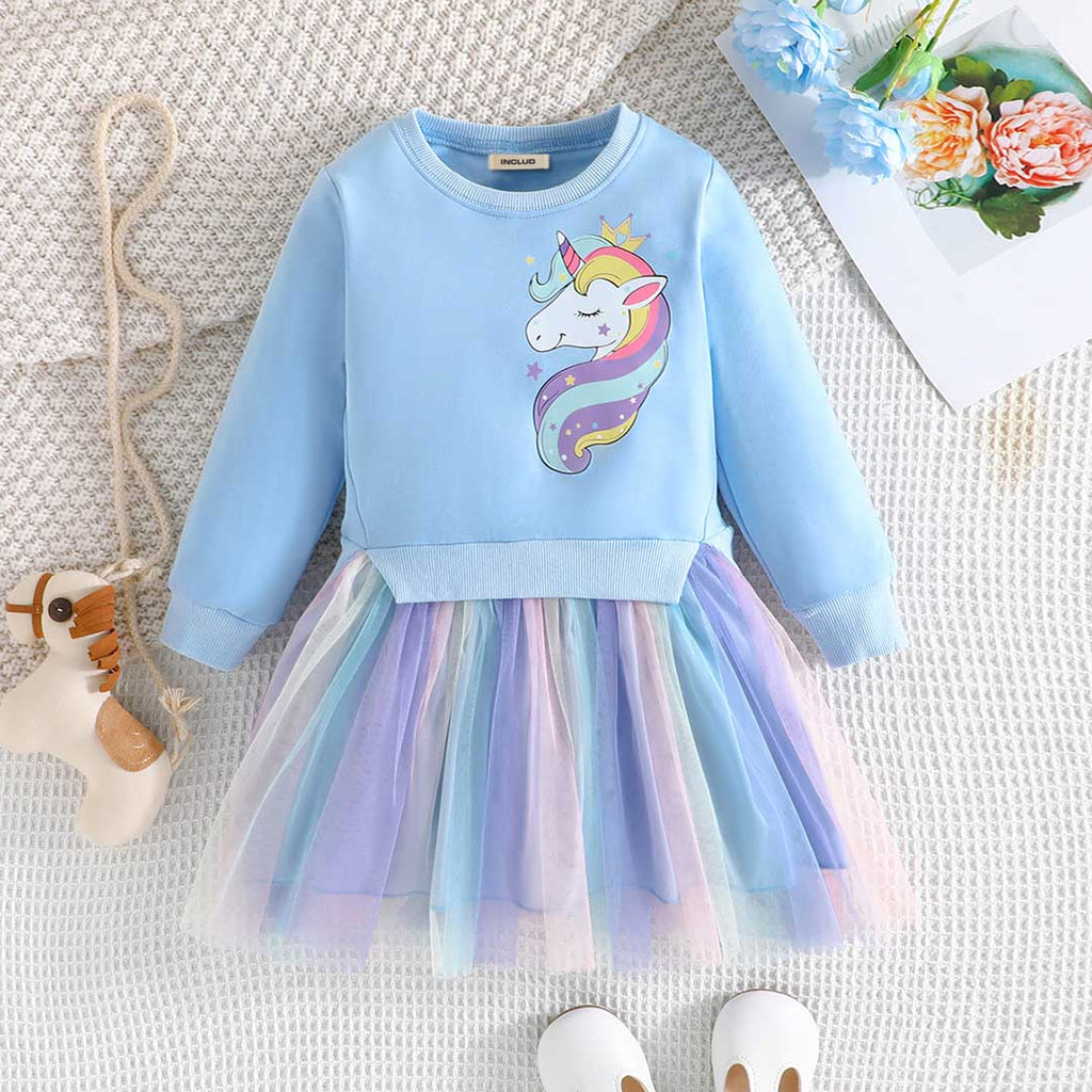 Girls Blue Unicorn Print Full Sleeves Tulle Dress Casual Dresses Blue 2-3 Y 