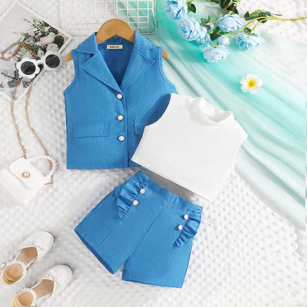 Girls Blue Sleeveless Jacket With Crop Top And Shorts Set Sets Blue 2-3 Y 