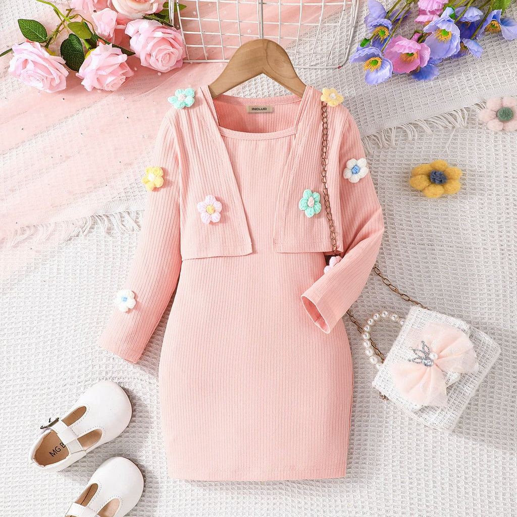 Girls Pink Flower Embroidered Bodycon Dress with Shrug Casual Dresses Pink 4-5 Y 