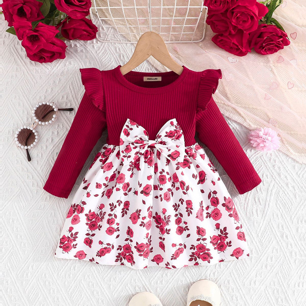 Girls Maroon Floral Print Fit & Flare Dress Casual Dresses Maroon 6-9 M 