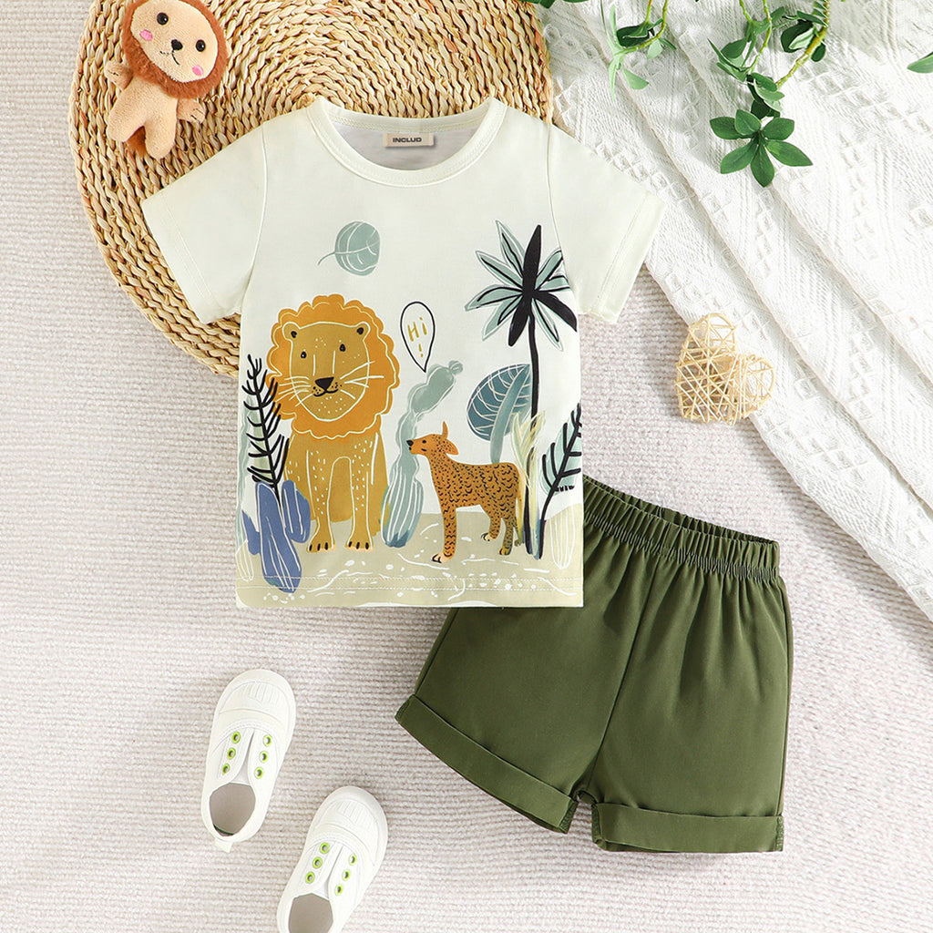 Boys White Animal Print Short Sleeves T-shirt with Shorts Set Sets Green 9-12 M 