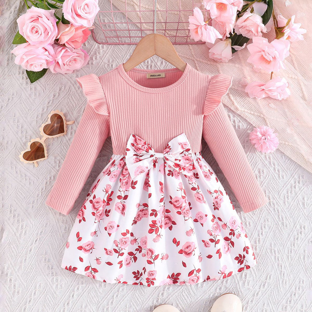 Girls Pink Floral Print Fit & Flare Winterwear Dress Casual Dresses Pink 6-9 M 