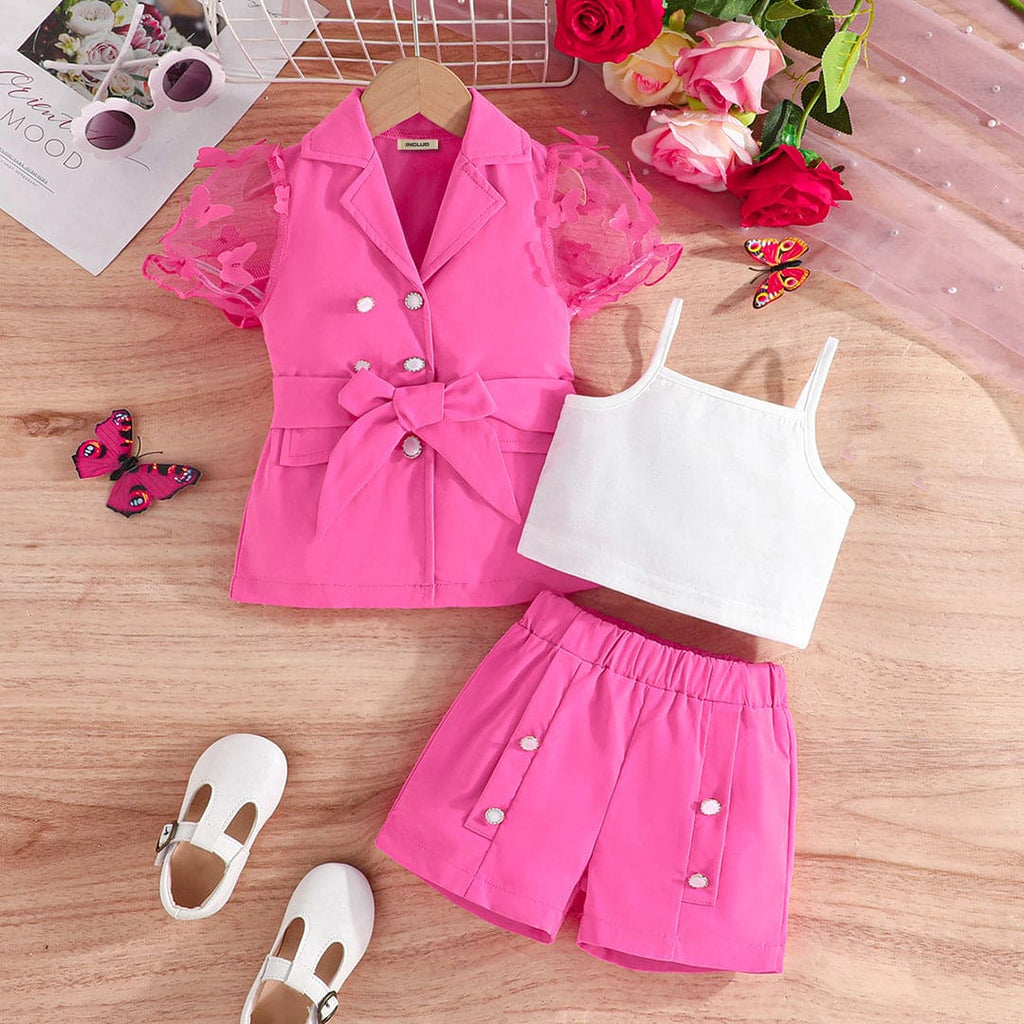 Girls Pink Short Sleeve Jacket With Camisole Top And Shorts Set Sets Pink 3-4 Y 