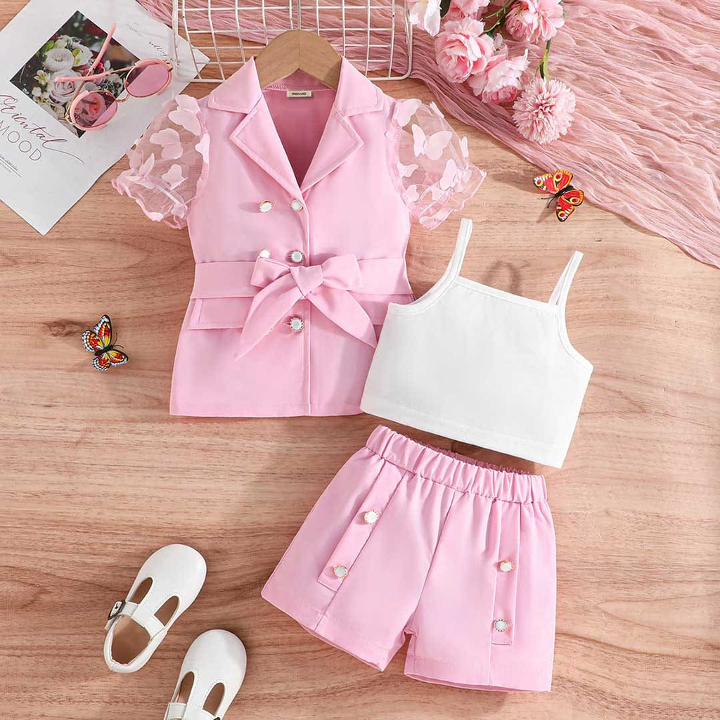 Girls Pink Short Sleeve Jackets With Camisole Top And Shorts Set Sets Pink 3-4 Y 