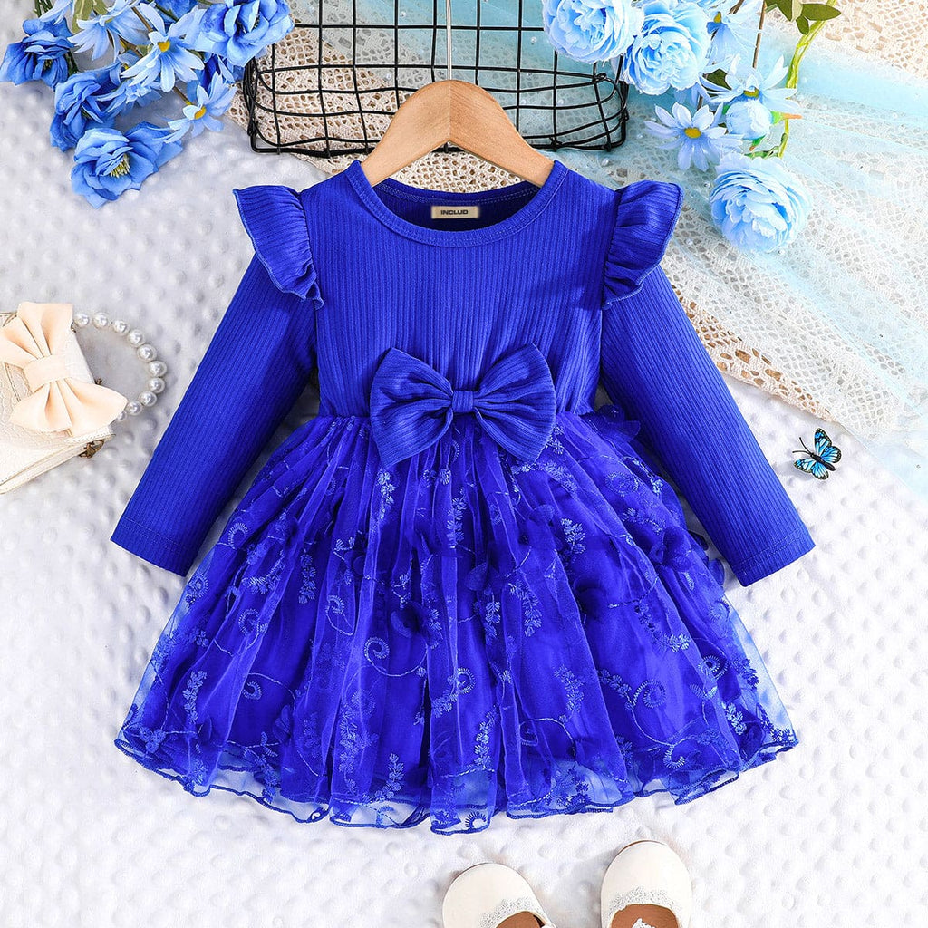 Girls Blue Embroidered Full Sleeves Fit & Flare Dress Casual Dresses Blue 6-9 M 