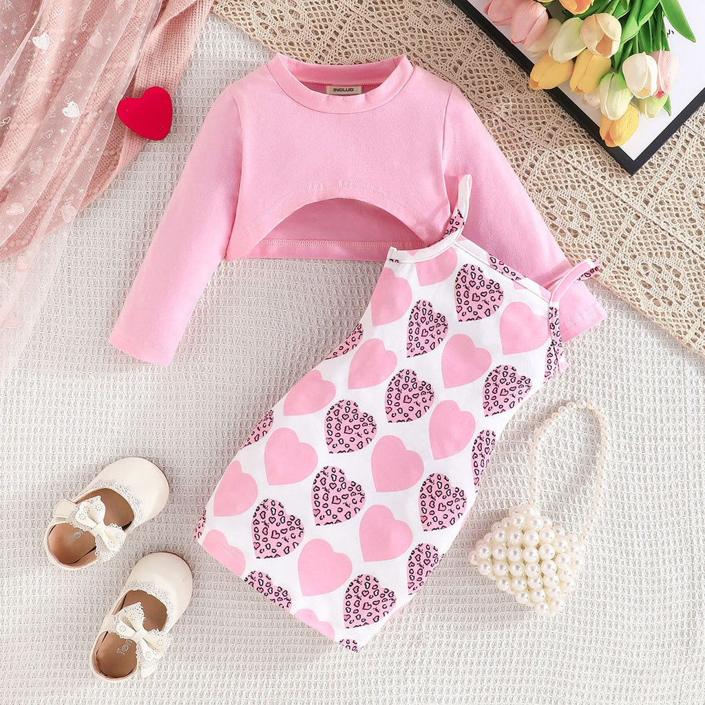 Girls Pink Heart Print Shoulder Straps Bodycon Dress with Crop Top Casual Dresses Pink 6-9 M 