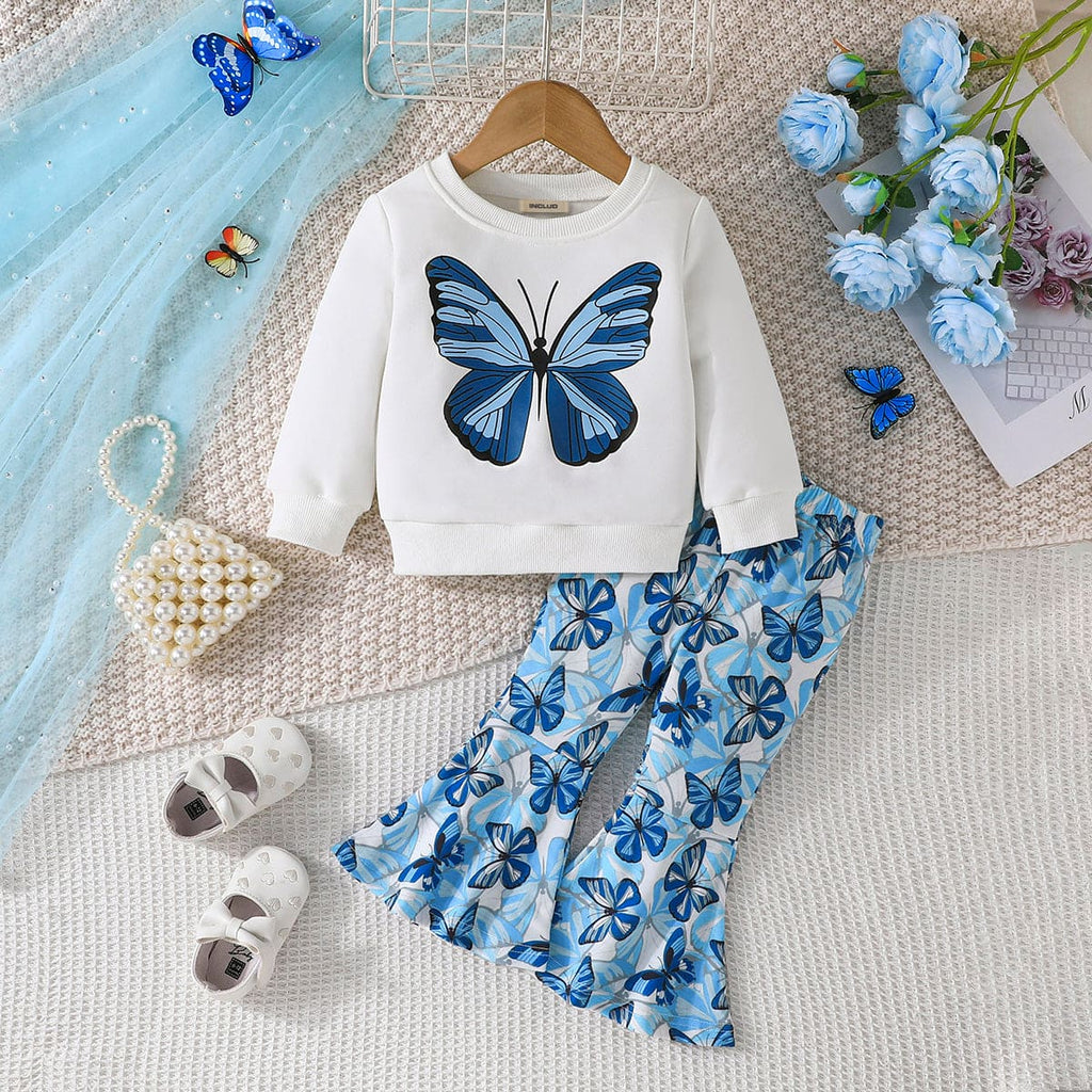 Girls Blue Butterfly Print Full Sleeves Sweatshirt with Flared Pants Set Sets Blue 6-9 M 