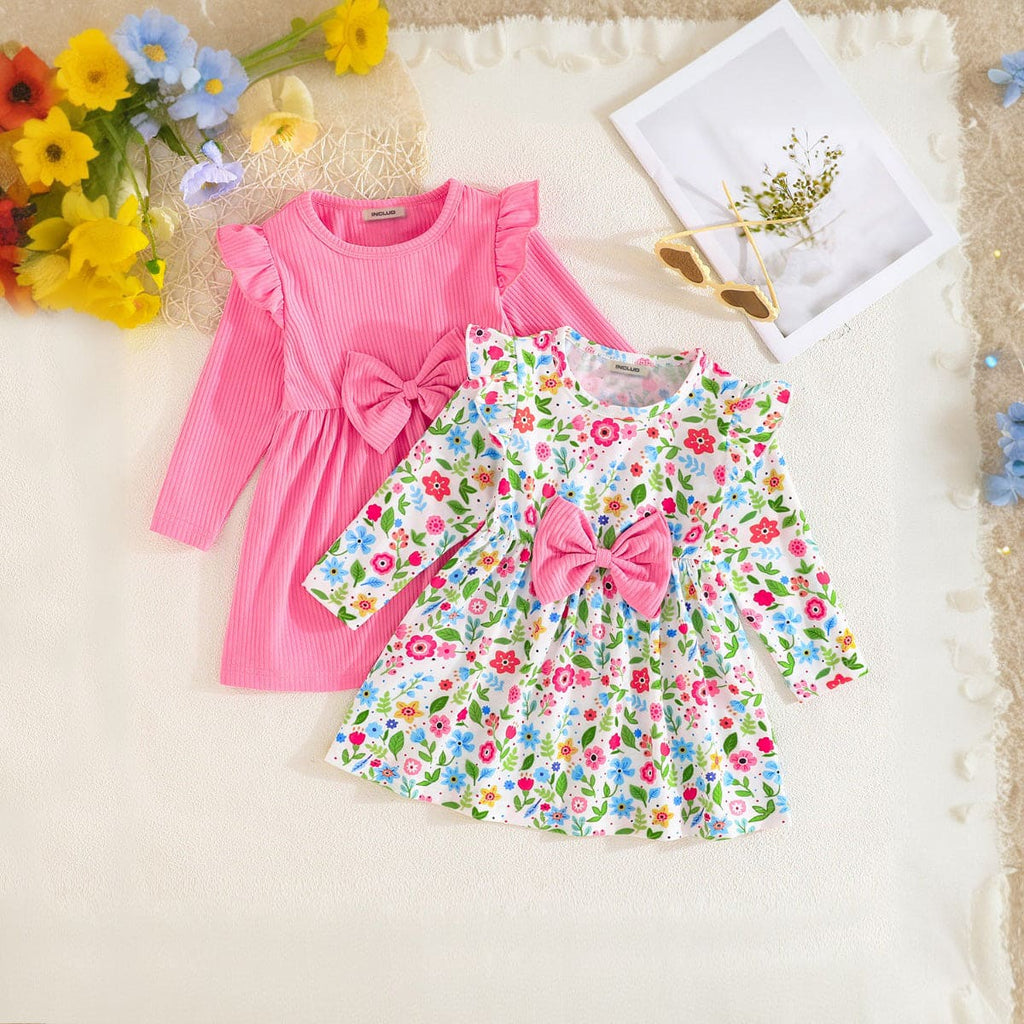 Girls Multicolor Printed Full Sleeves Fit & Flare Dress (Pack of 2) Casual Dresses Pink 6-9 M 