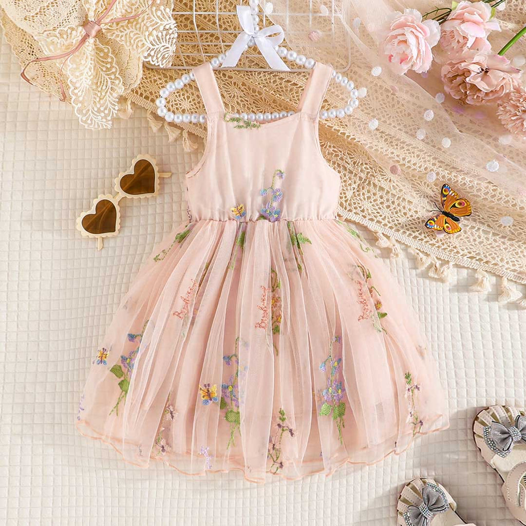 Girls Pink Embroidered Tulle Party Dress Casual Dresses Pink 9-12 M 