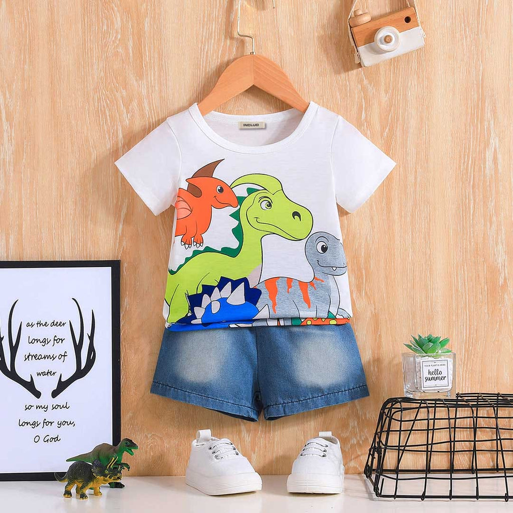 Boys White Dinosaur Print Short Sleeves T-shirt with Denim Shorts Set Sets White 9-12 M 