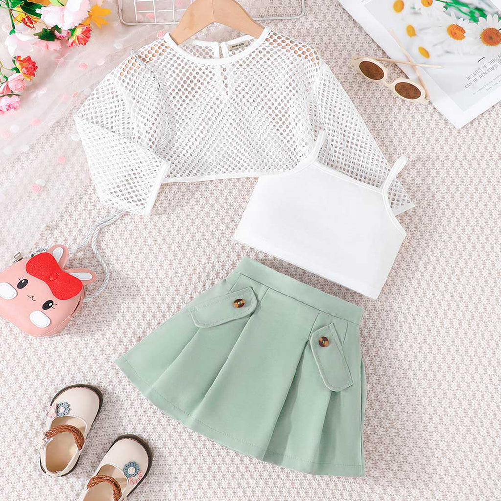 Girls Green Net Top with Camisole Top & Pleated Skirt Set Sets Green 12-18 M 