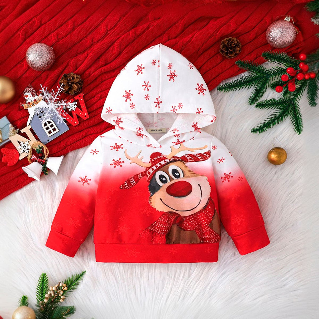 Boys Red Christmas Print Full Sleeves Hooded  Sweatshirt Sweatshirts & Hoodies Red 6-9 M 