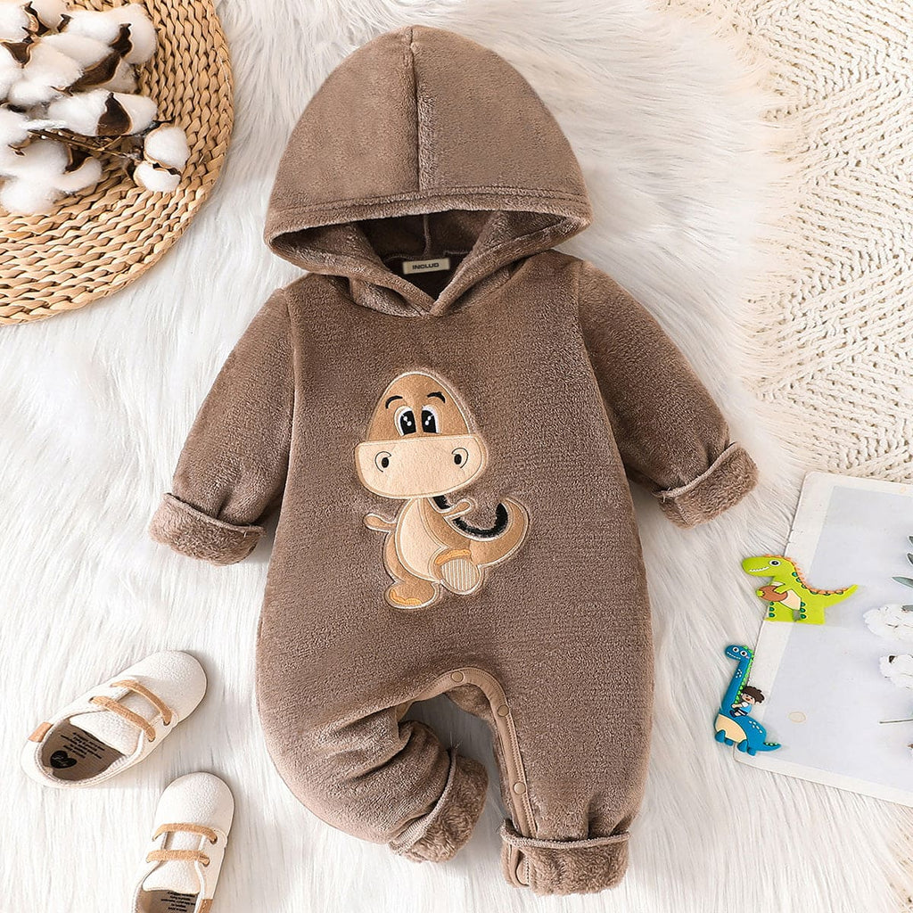 Boys Brown Dinosaur Patchwork Full Sleeves Jumpsuit Jumpsuits Brown 6-9 M 