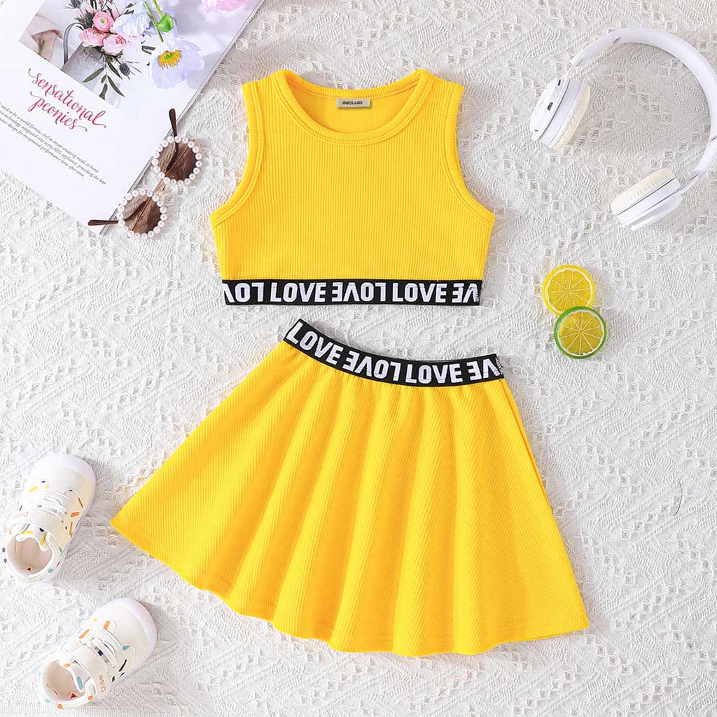 Girls Yellow Sleeveless Crop Top With Skirt Set Sets Yellow 6-7 Y 