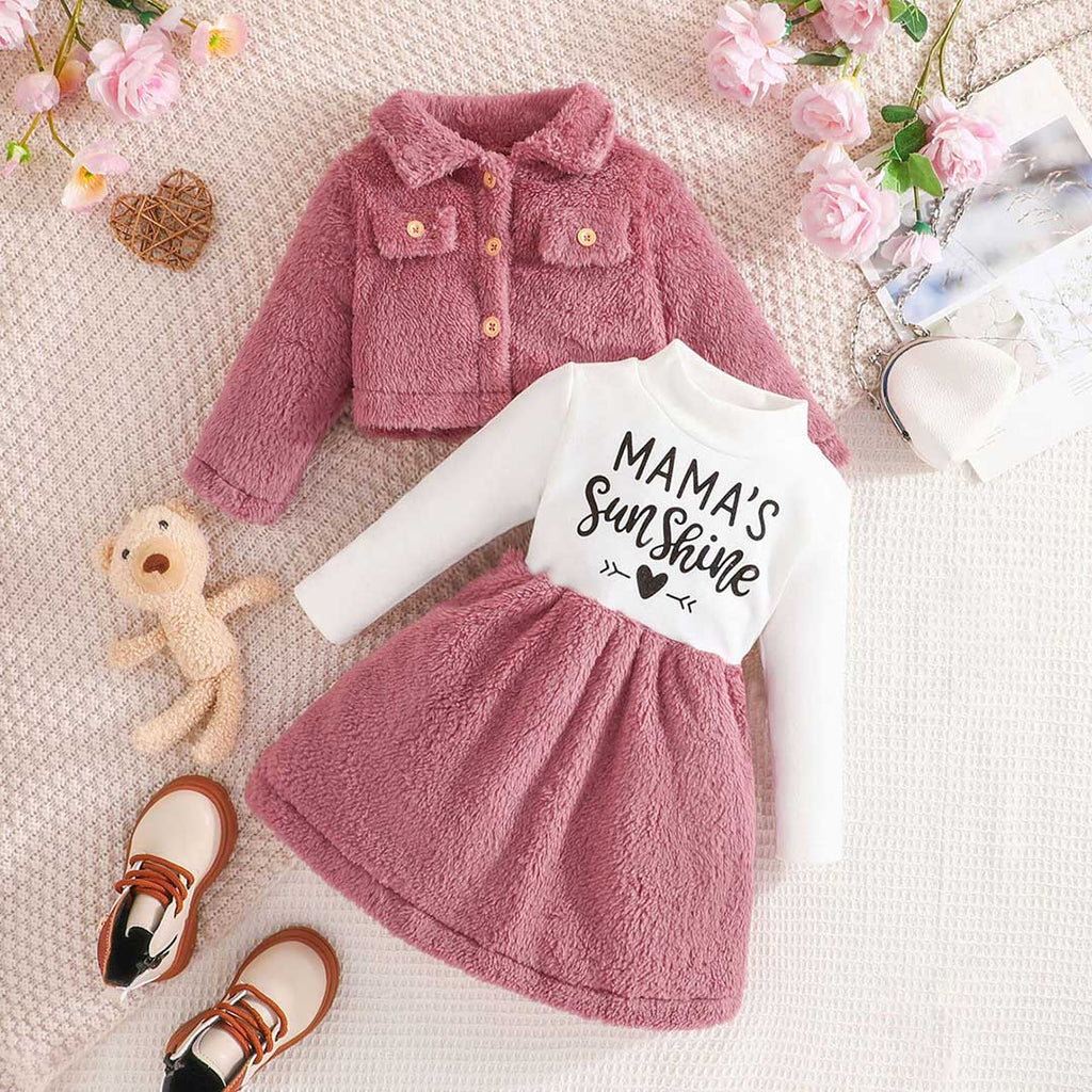 Girls Pink Printed Fleece Winter Dress with Jacket Casual Dresses Pink 2-3 Y 