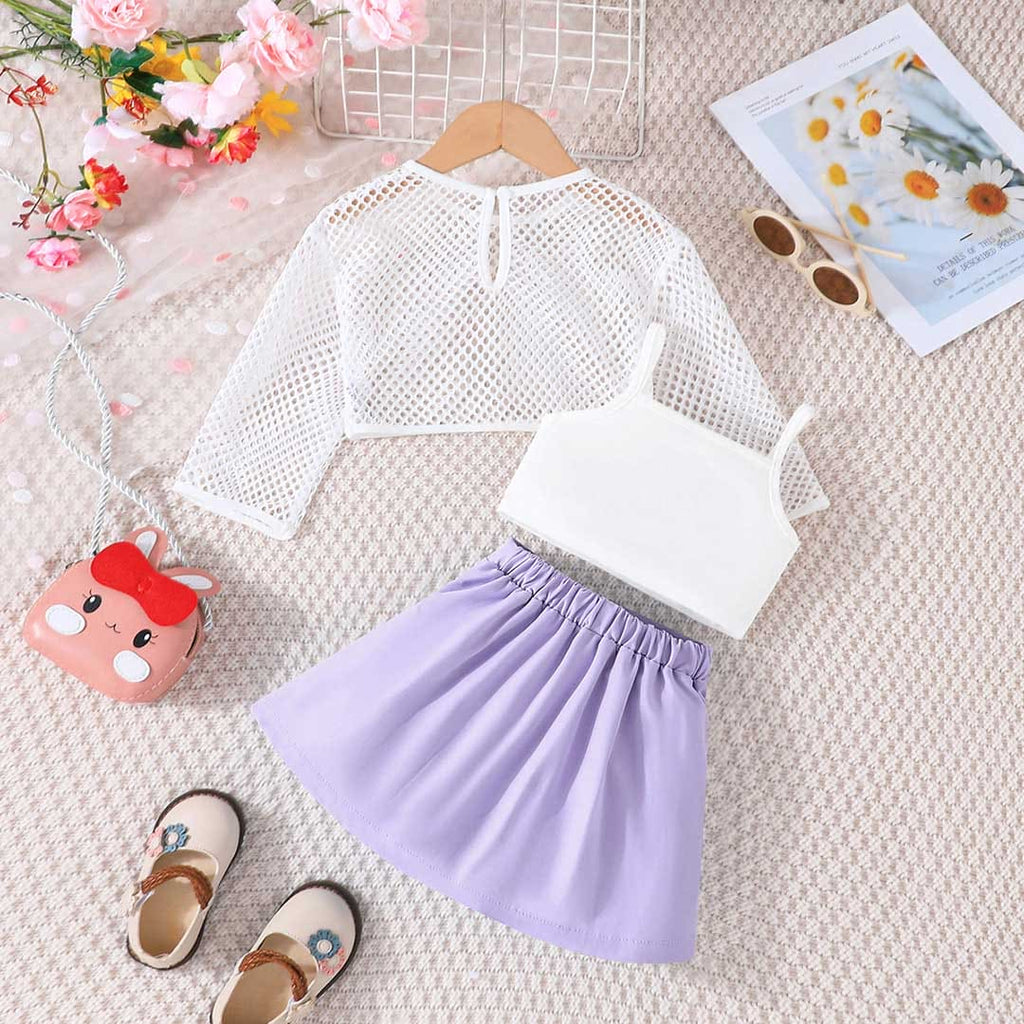Girls Purple Net Top with Camisole Top & Pleated Skirt Set Sets   