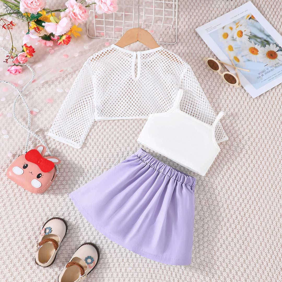 Girls Purple Net Top with Camisole Top & Pleated Skirt Set Sets   