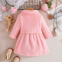 Girls Pink Printed Fit & Flare Fleece Winter Dress with Jacket Casual Dresses   