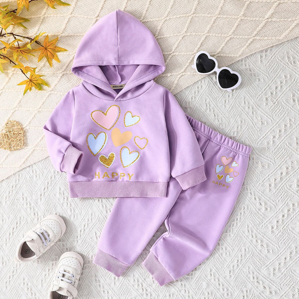 Girls Purple Heart Print Sweatshirt With Pants Set Sets Purple 6-9 M 