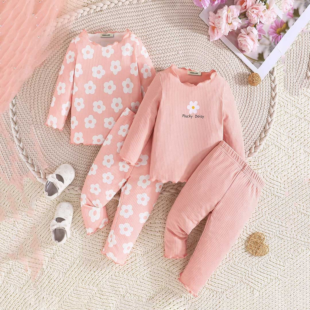 Girls Pink Printed Full Sleeves T-shirt with Pajama Set Sets Pink 6-9 M 