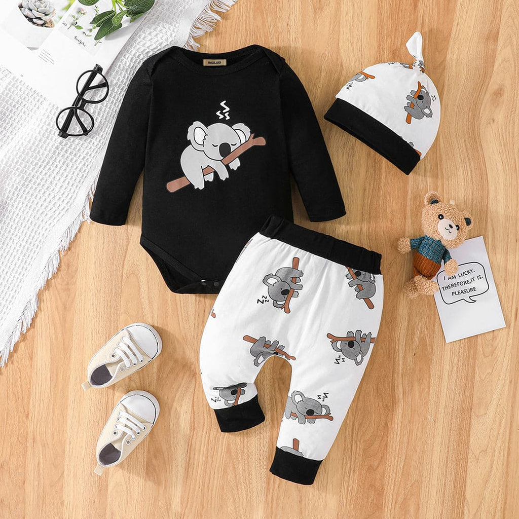 Boys Black Printed Full Sleeves Bodysuit with Pajama Set Sets Black 6-9 M 