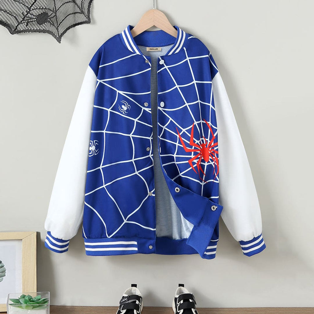 Boys Blue Spider Print Full Sleeves Varsity Jacket Coats & Jackets Blue 8-9 Y 