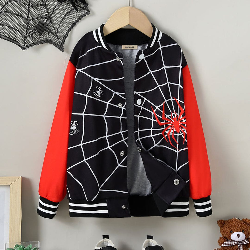 Boys Red Spider Print Full Sleeves Varsity Jacket Coats & Jackets Red 8-9 Y 